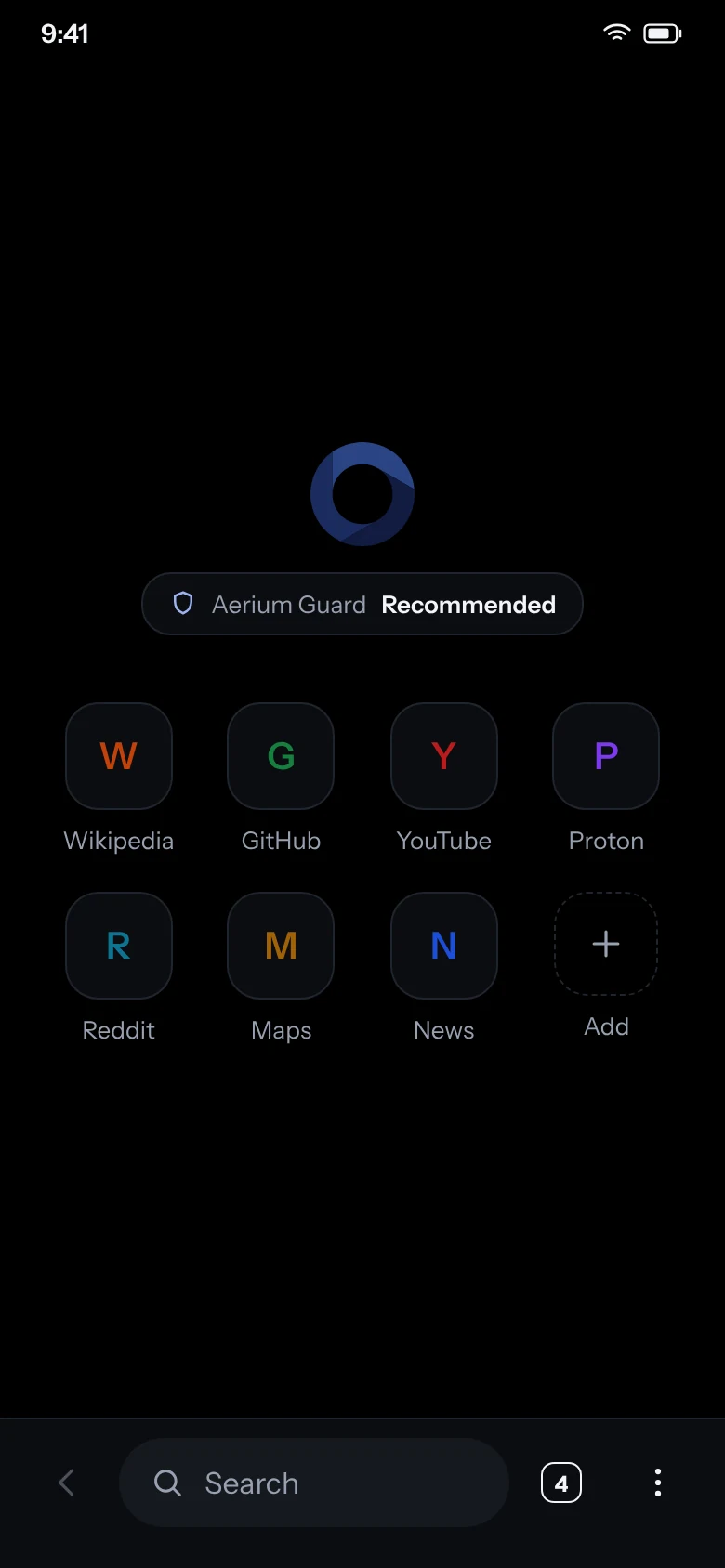 Aerium new tab page in true black, with shortcuts, Aerium Guard and the address bar